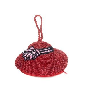 Seed Beaded Red Hat Wristlet Purse With Rose Band